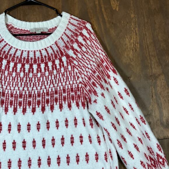 LOFT Womens Sweater White Red Fair Isle Comfy Winter Wool Blend XLarge - Picture 5 of 12